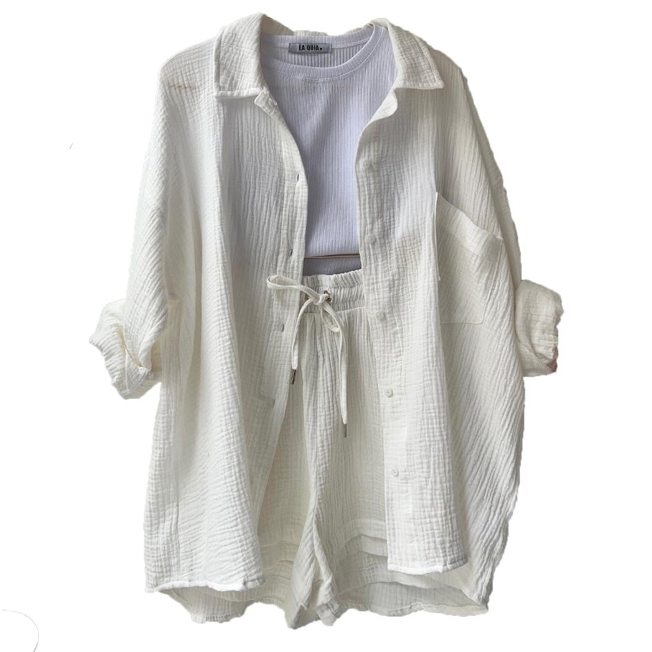 Spring Champray Lapel Long Sleeve Shirt High Waist Drawstring Shorts Plus Size Fashion Casual Set Pi-Mart