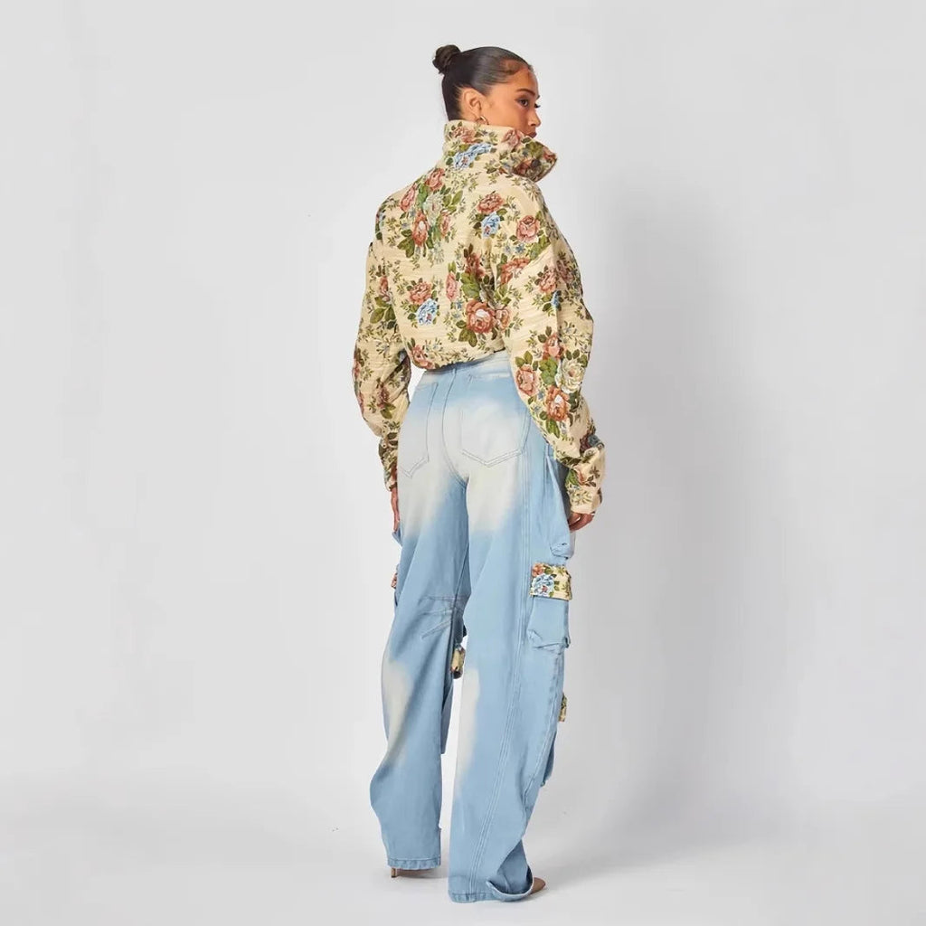 Women Tracksuit Pant Sets Zipper Cardigan Tops Print Zipper Fly Straight Ankle Length Denim Pants Jean Loose Matching Sets Y2k Purplish Diva