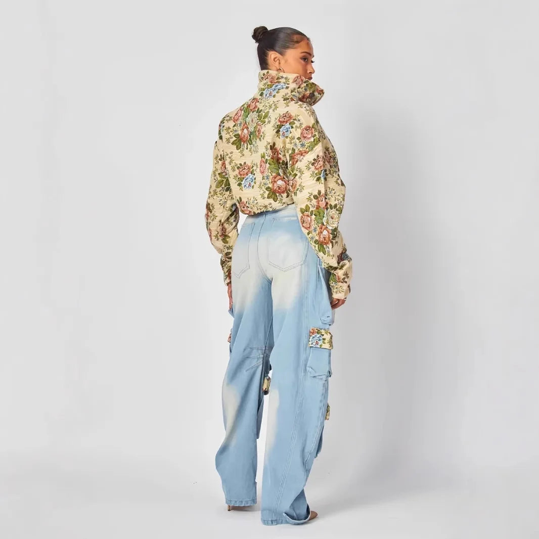 Women Tracksuit Pant Sets Zipper Cardigan Tops Print Zipper Fly Straight Ankle Length Denim Pants Jean Loose Matching Sets Y2k Purplish Diva