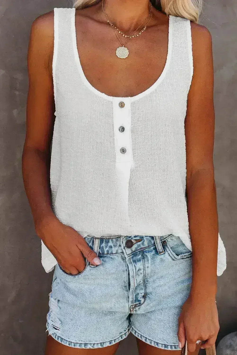 Button Textured Cotton Tank Top - SJB-DIAMOND ELITES