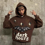 Men's Bat Print Velvet Hoodie - American Retro Pullover with Wool Lining (Dark Brown) Pi-Mart