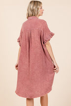 Mineral Wash Cotton Gauze Mini Shirt Dress For Women – Effortlessly Chic and Tredny Dress with Ruffle Sleeve Details