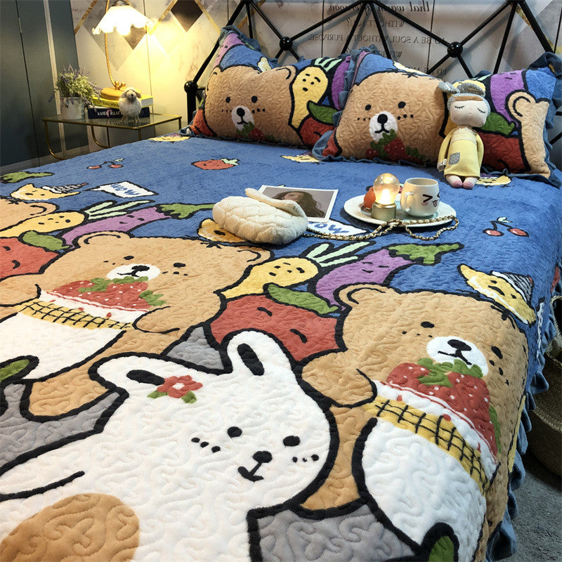 Warm Sunflower Milk Pile Bed Cover Three Piece Set Pi-Mart