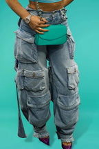Plus Size Daily Light Blue Spring Summer Pocket Cargo Denim Jeans High Street Harajuku High Waist Casual Loose Denim Trousers Purplish Diva