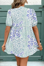 Sky Blue Leopard Bow Front Puff Sleeve Mini Dress
