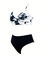 Coastal Flair V-Neck Bikini Set – Eye-Catching Random Print Two-Piece Chic Swimsuit with Spaghetti Straps High Cut Shorts and Ultra-Stretch Comfort – Women’s Summer Swimwear for Beach Days & Casual Poolside Vibes