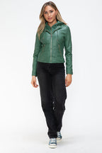 Women Classic Snobbish Faux Leather Zip-Up Drawstring Hooded Jacket Edgy & Casual PU Leather Jacket For Streetwear