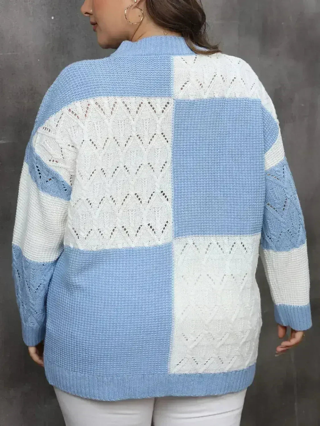 Plus Size Openwork Color Block Long Sleeve Sweater - SJB-DIAMOND ELITES
