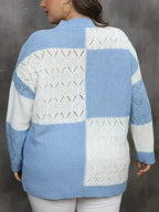 Plus Size Openwork Color Block Long Sleeve Sweater - SJB-DIAMOND ELITES