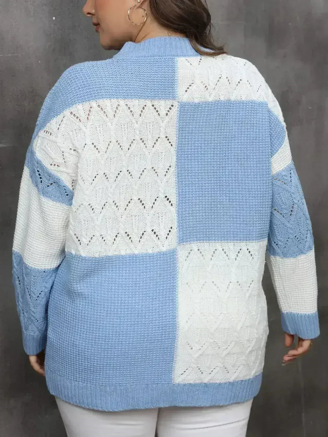 Plus Size Openwork Color Block Long Sleeve Sweater - SJB-DIAMOND ELITES