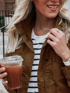 Retro Pocketed Long Sleeve Zip-Up Jacket Lightweight & Stylish Outerwear for Everyday Wear Stevvex
