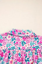 Pink Plus Size Floral Half Button Puff Sleeve A Line Dress