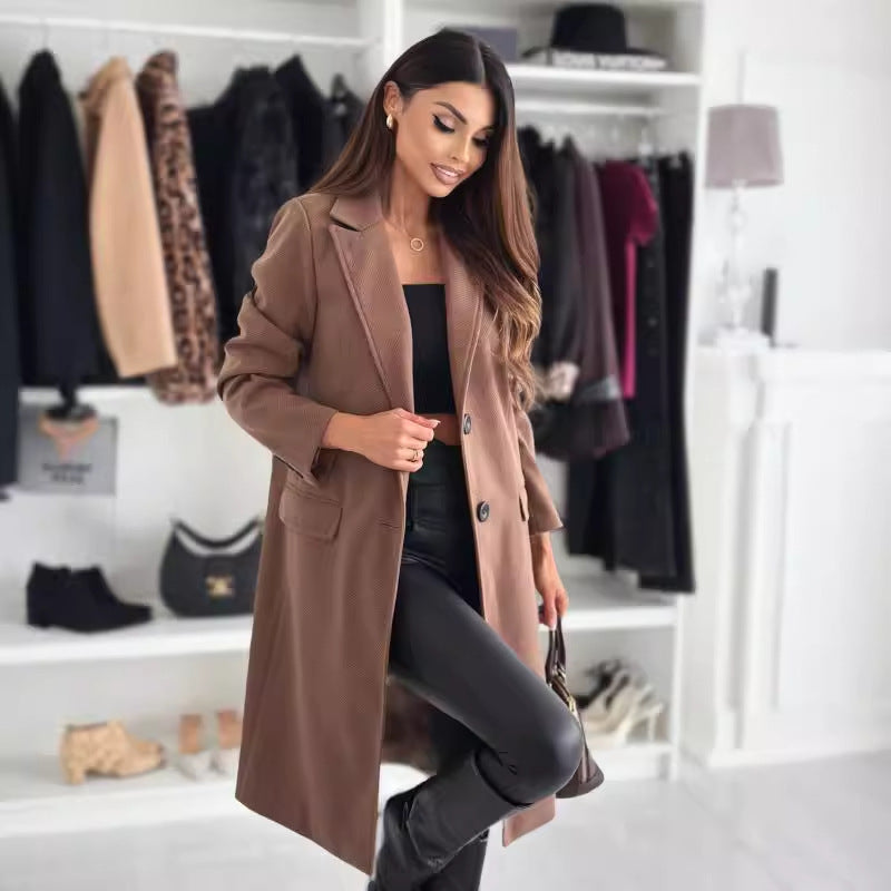 Lapel Single-breasted Wool Coat Winter Long Sleeve Solid Color Long Jacket Women Clothing Pi-Mart