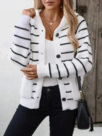 Striped Button Up Long Sleeve Hooded Cardigan - SJB-DIAMOND ELITES