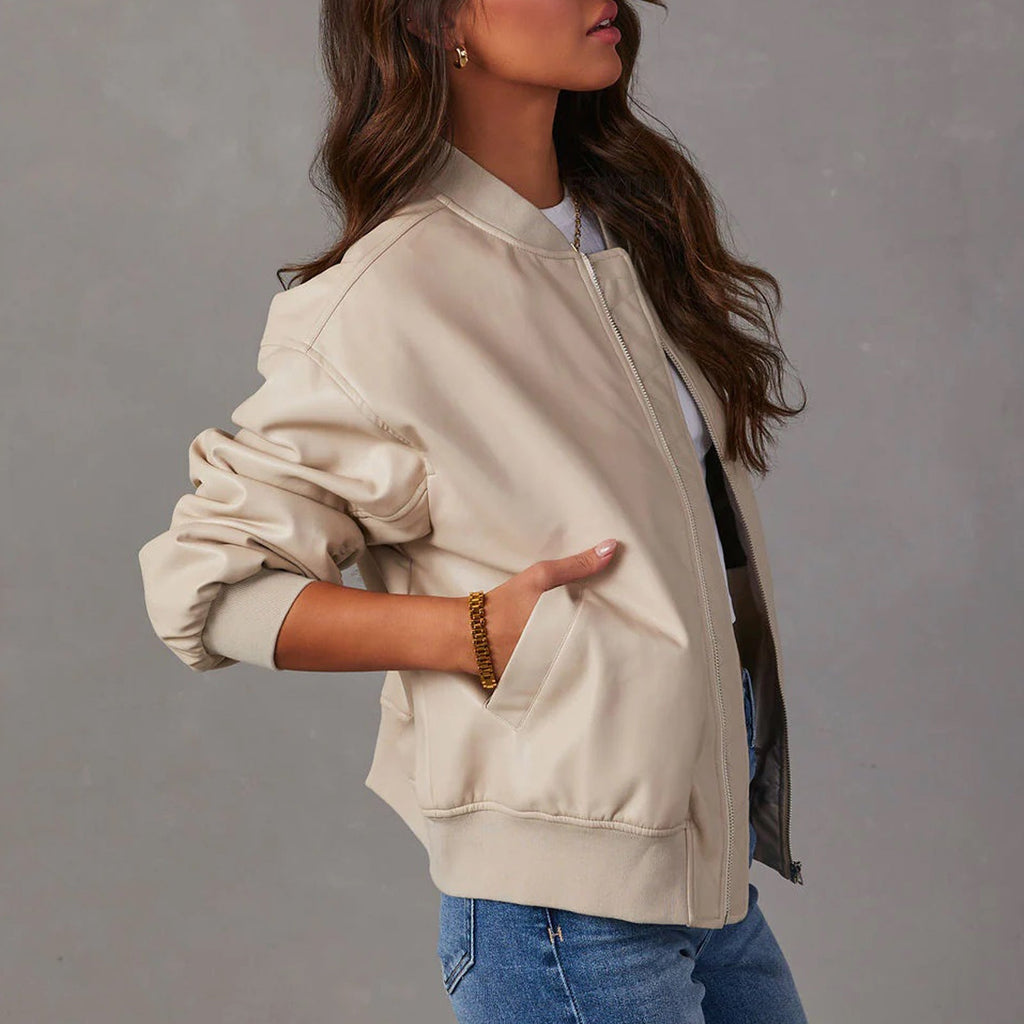 Leather Baseball Uniform Jacket Long-sleeved Motorcycle Jacket Leather Coat Pi-Mart