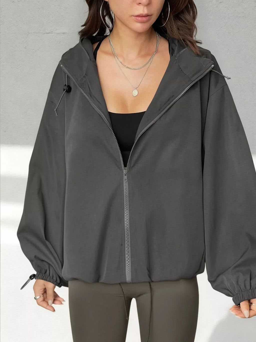 Drawstring Zip Up Hooded Jacket THRIXINE