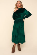 Mock Neck Smocked Waist Velvet Tiered Dress – Elegant Velvet Dress, Tiered Babydoll Dress, Smocked Waist Dress, Velvet Party Dress, Long Sleeve Dress