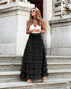 Layered Ruffles Cake Skirt Summer Fashion A Line Swing Mesh Long Skirt Party Dress Women Pi-Mart
