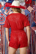 Short Puff Sleeve Sequin Romper in Red [Sizes SM-L] - SJB-DIAMOND ELITES