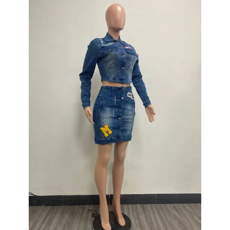 Embroidery Women Denim 2 Piece Set Button Up Jackets High Waist Jeans Skirts Matching Set 2024 Summer Streetwear Club Outfits Purplish Diva