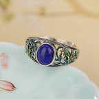 Sterling Silver Lapis Lazuli Hollow Enamel Leaf Ring Pi-Mart