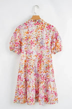 Red Floral Print Notched V Neck Puff Sleeve Tiered Mini Dress