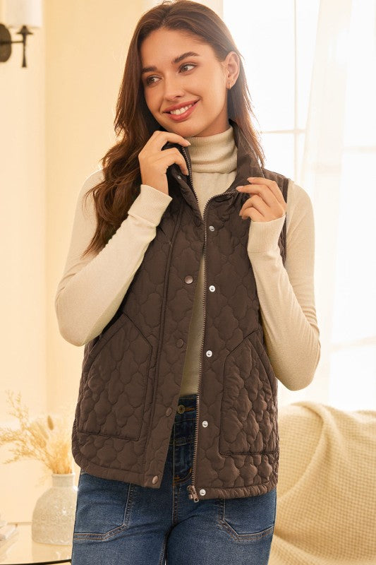 Quilted Zip-Up Snap Button Pocketed Vest