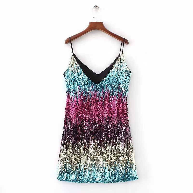 Womens Sparkly Sequin Sleeveless Dress Fashion Spaghetti Straps Dresses Nightclub Clubwear Cocktail Evening Party Costume - SJB-DIAMOND ELITES