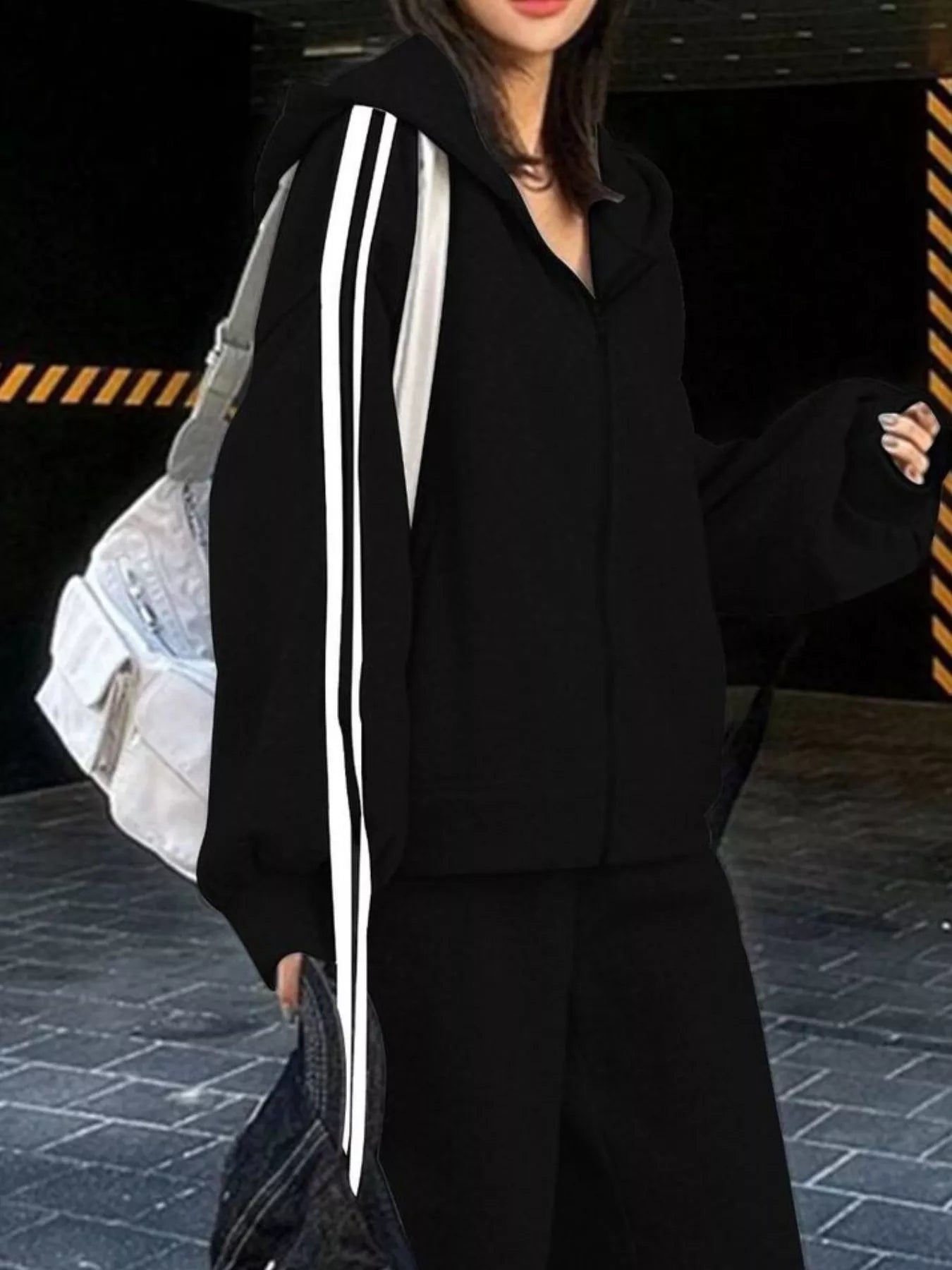 Side Striped Zip Up Hoodie and Pants Set THRIXINE