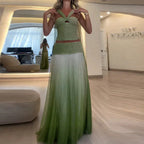 Sexy Strapless Top with Long Skirt Women's Suits Fashion Backless Pleated Club Outfit Gradient Green Hollow Slim Two Piece Sets Purplish Diva