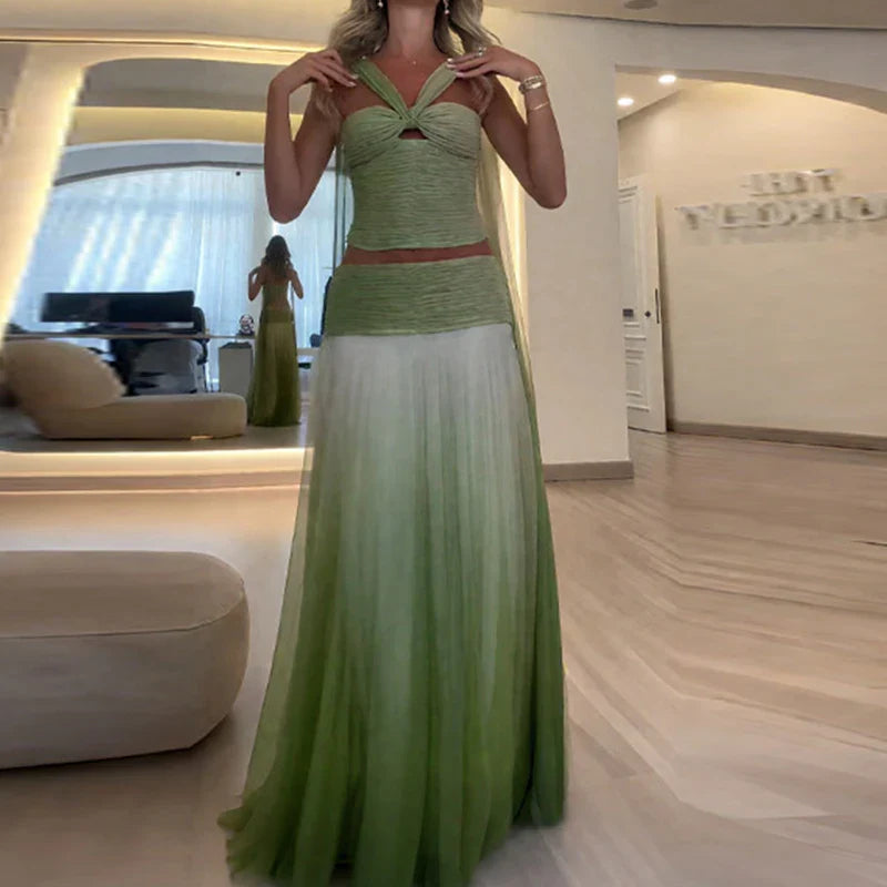 Sexy Strapless Top with Long Skirt Women's Suits Fashion Backless Pleated Club Outfit Gradient Green Hollow Slim Two Piece Sets Purplish Diva