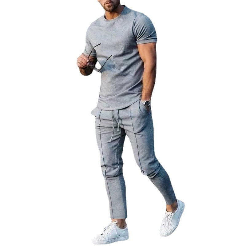 Solid Color Casual Round Neck Short Sleeves T-shirt Trousers Two-piece Set Lootquake LLC