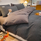 Pure Color Washed Cotton Four-piece Set Of Plaid Striped Sheets Quilt Cover Bedding Pi-Mart