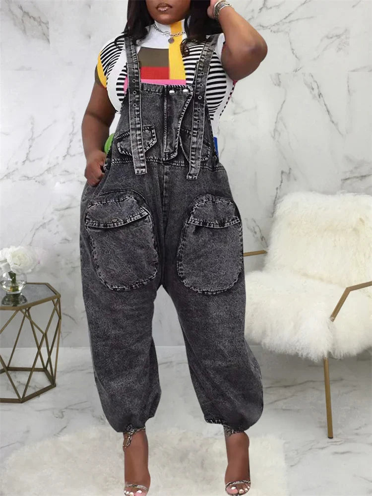 Wmstar Women's Jumpsuit Denim Cargo Pockets One Piece Outfits Wide Leg Black Fashion Streetwear Romper Wholesale Dropshipping Purplish Diva