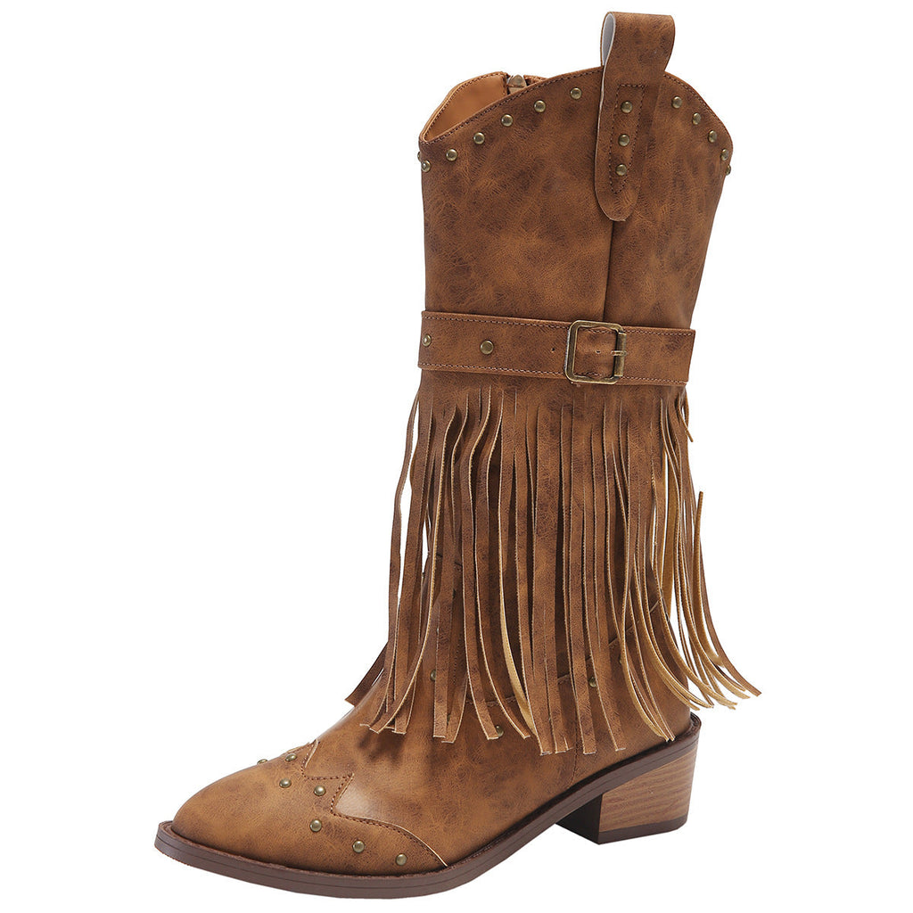 Retro Tassel Boots With Rivet Strap Buckle Design Shoes For Women Winter Footwear Fashion Mid-calf Square Heel Knight Western Boots Pi-Mart