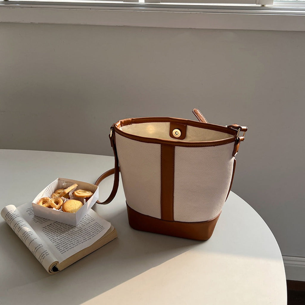 Retro Fashion Simple Texture Splicing Bucket Bag - Versatile Women's Shoulder & Crossbody Bag