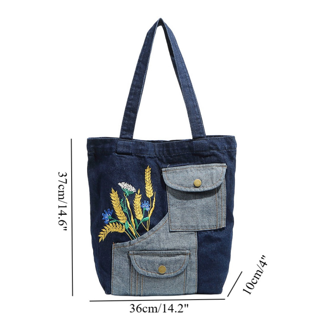 Shoulder denim bag, wheat ear embroidery splicing shoulder bag, vintage tote bag, fashion shopping bag - SJB-DIAMOND ELITES