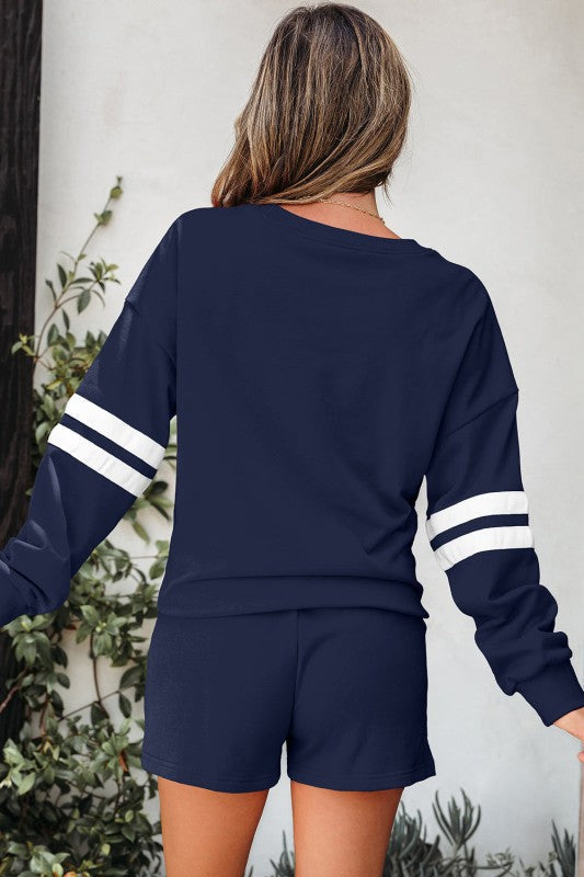 Varsity Stripe Sweatshirt and Short Set THRIXINE