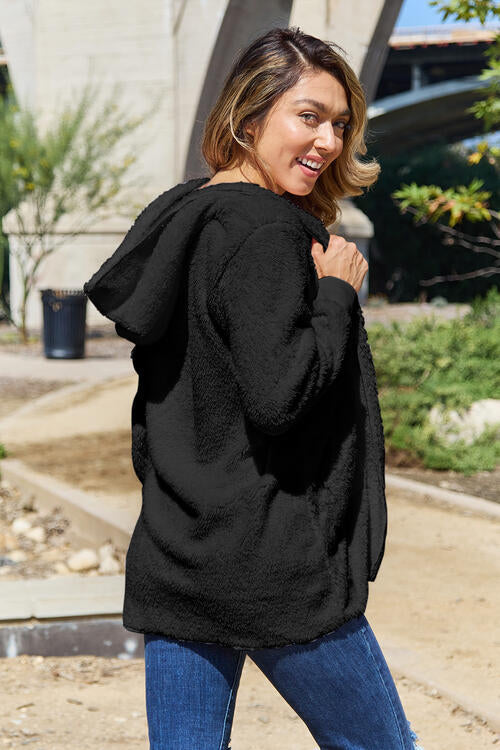 Women Full Size Teddy Hooded Jacket with Pockets Cozy Casual Jacket Comfortable Women Jacket Stevvex