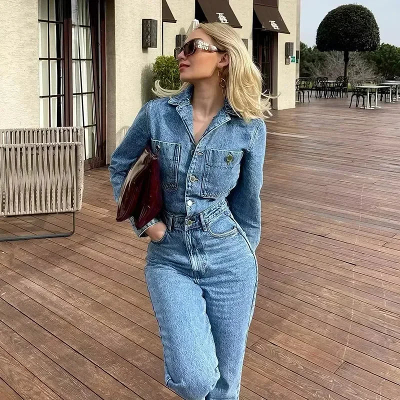 Autumn Denim Jumpsuit for Women Overalls Woman Jean Overalls Long Sleeve Elegant Jumpsuits Y2k Streetwear 2024 Turn Down Collar Purplish Diva