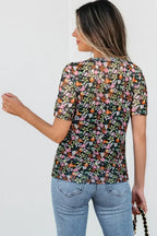 Black Sheer Mesh Floral Round Neck T Shirt with Camisole