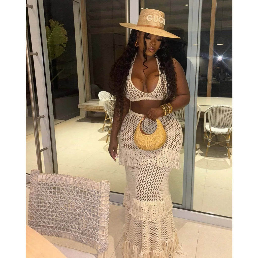 Knitted Crochet 2 Piece Skirt Sets Sexy Ruffle Elegant Fringe Tassel Dress 2024 Summer Outfits Crop Top Two Piece Skirt Sets Purplish Diva