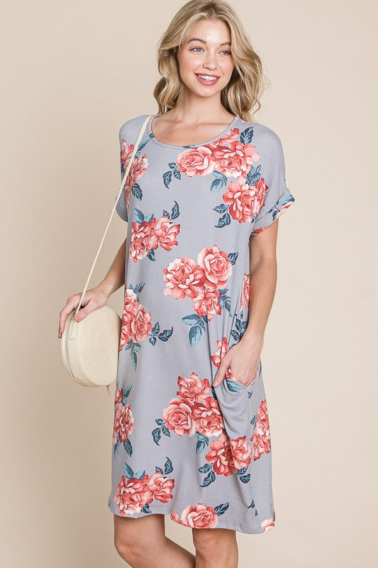 Floral Round Neck Short Tee Dress with Pockets For Women – Comfortable, Casual & Functional for Everyday Wear Stevvex