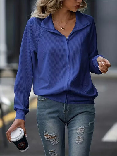 Simple White Zip Up Collared Neck Raglan Sleeve Jacket Comfortable Versatile Casual Women Wear Stevvex