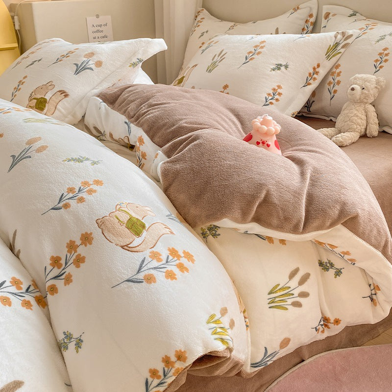 Winter Thickening Milk Fiber Bed Four-piece Coral Velvet Quilt Cover Flange Double-sided Bed Sheet Three-piece Bedding Pi-Mart