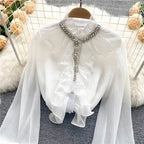French Elegant Shirts Women Design Diamonds Loose Casual Tops Long Sleeve Ruffles Gentle Office Lady Blouses Spring Purplish Diva