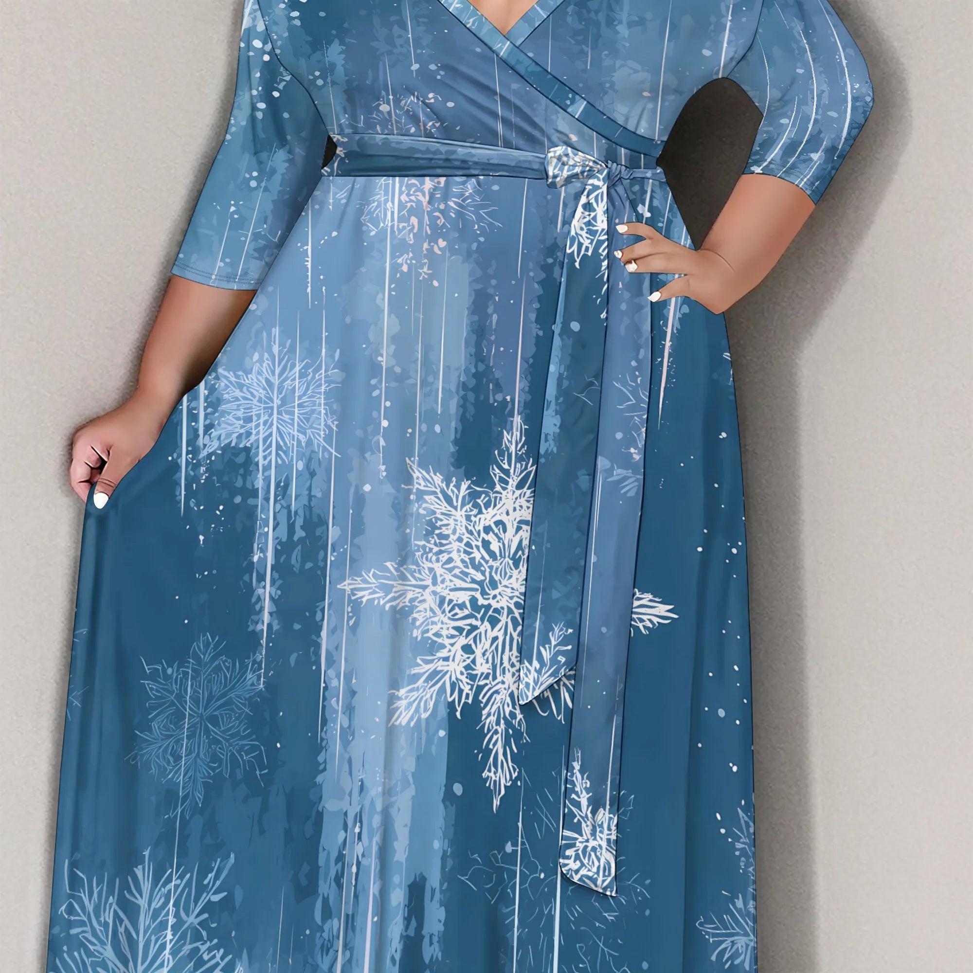 Plus Size Women's 3/4 Sleeve V-Neck Snowflake Print Wrap Maxi Dress Winter Elegant Party Dress Purplish Diva