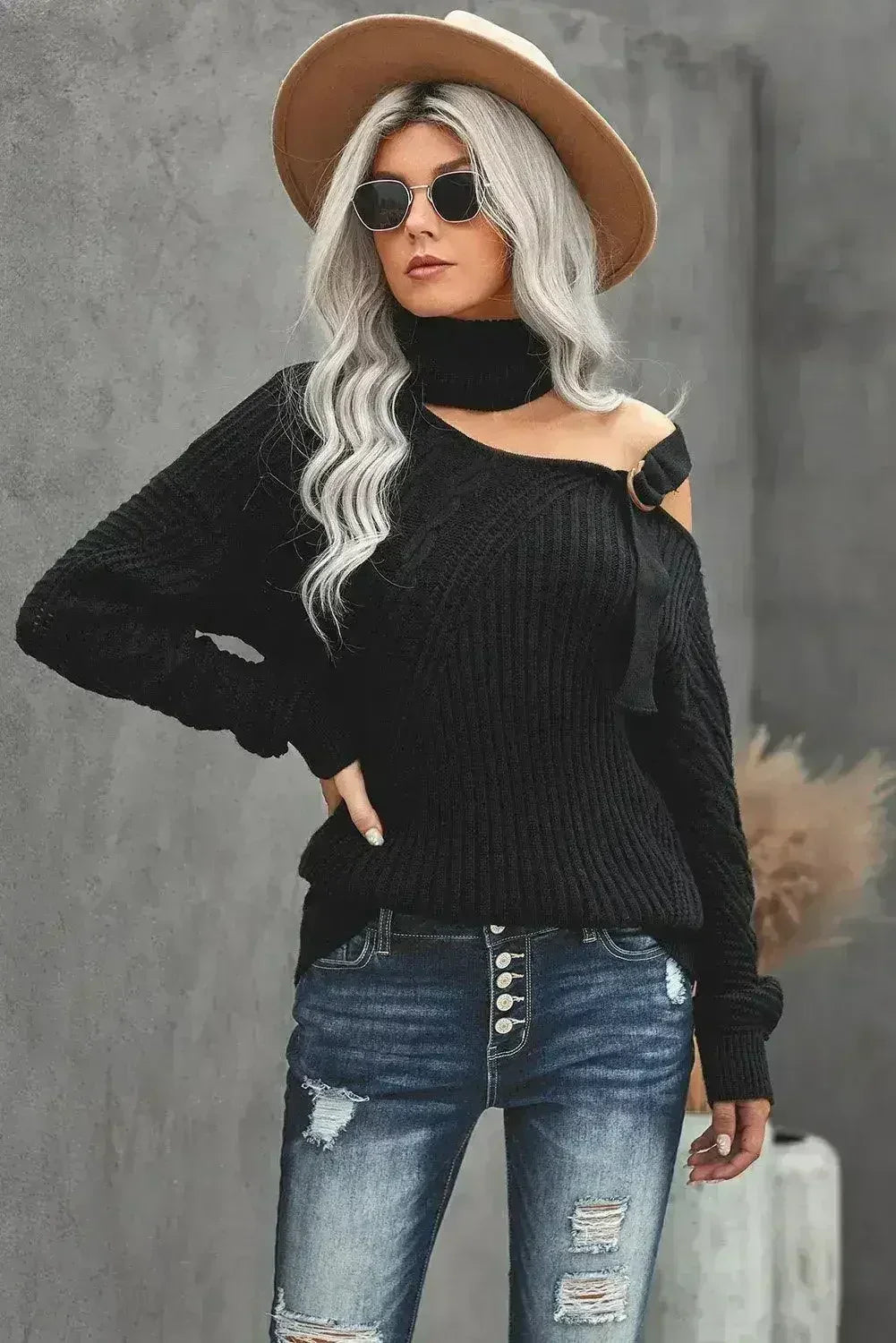 Winter Black Strapped Cut out Shoulder Turtleneck Sweater - SJB-DIAMOND ELITES