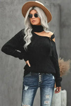 Winter Black Strapped Cut out Shoulder Turtleneck Sweater - SJB-DIAMOND ELITES