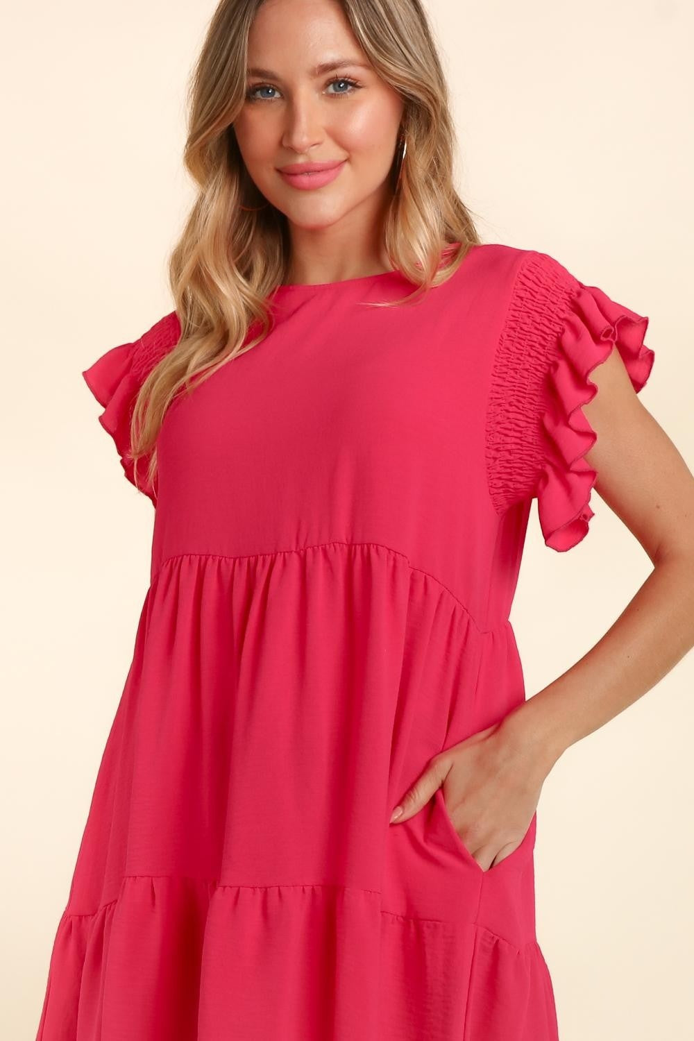 Full Size Smocking Ruffle Short Sleeve Dress with Pockets For Women – Flattering Smocked Dress, Ruffle Short Sleeve Dress, Practical Pocketed Dress, Chic Ruffle Dress, Smocked Waist Dress, Stylish Short Sleeve Dress Stevvex